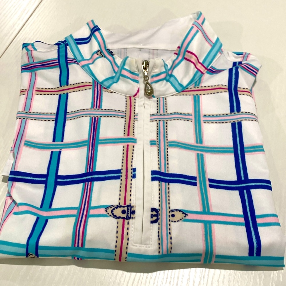 Sansoleil ladies plaid  buckle print long sleeve sports top with mesh underarms